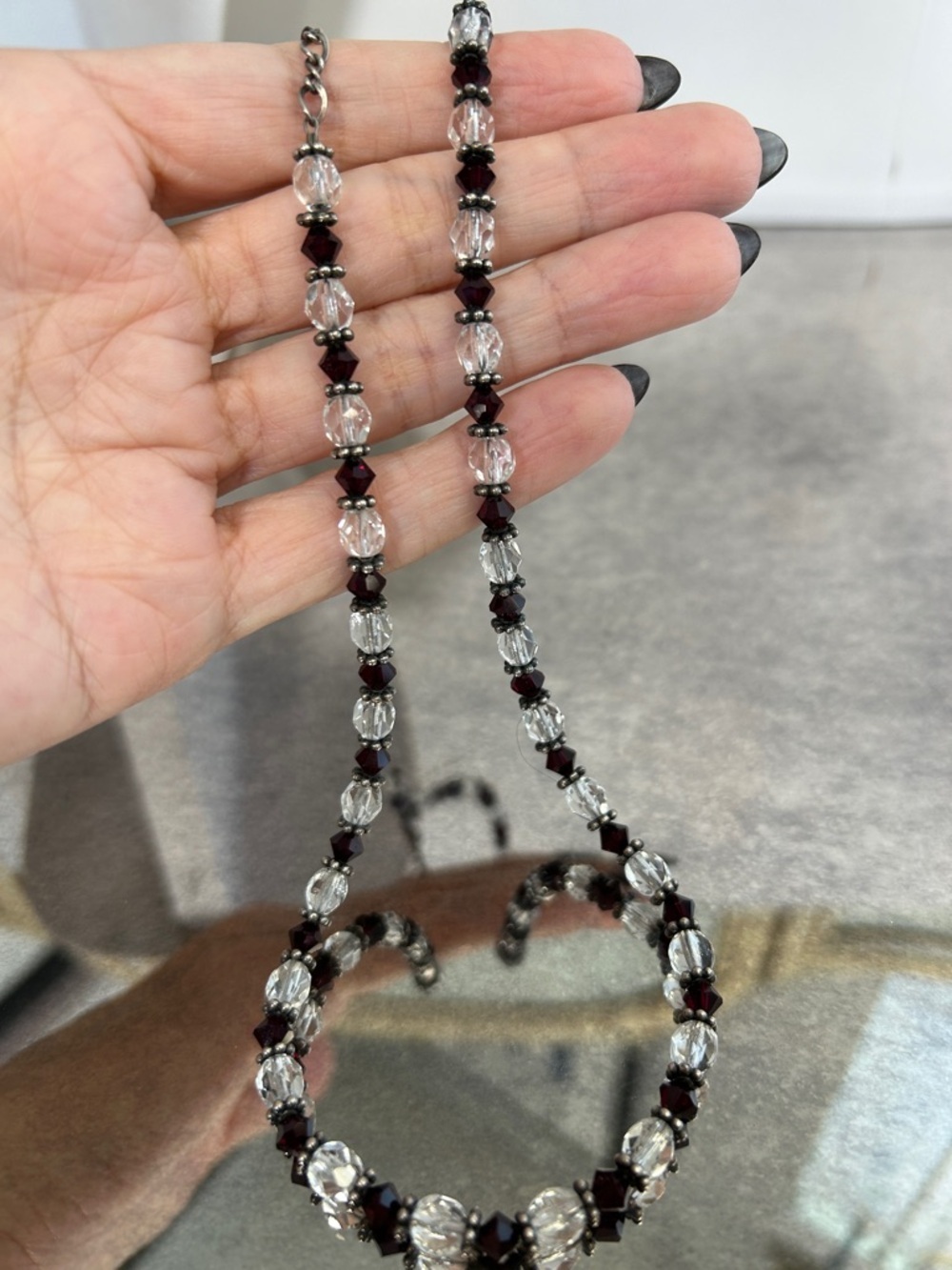 925 Sterling Classic Dark Red and Clear Crystal Bead Necklace